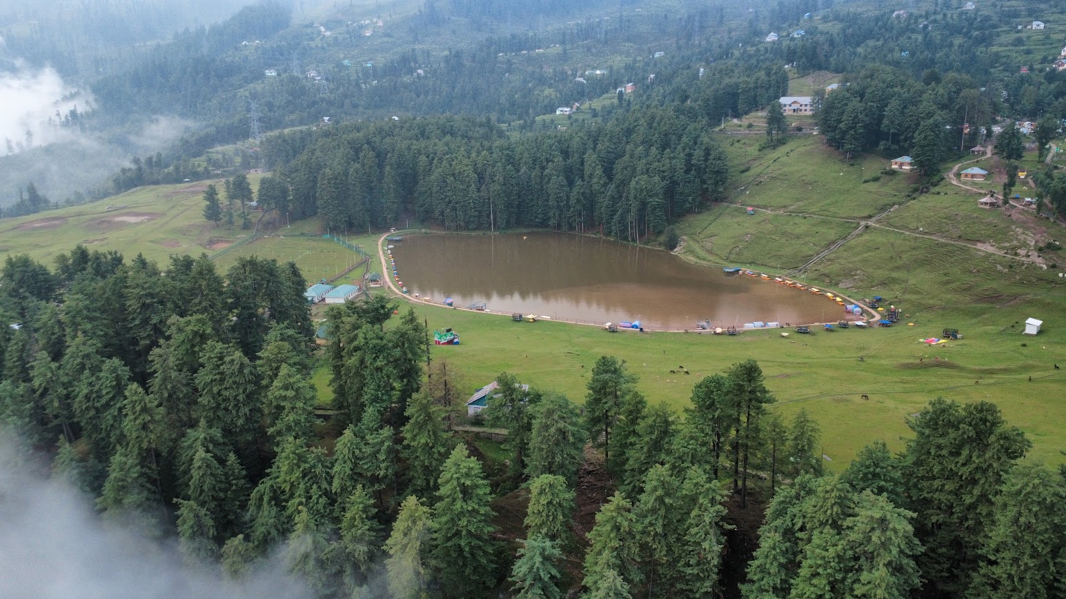 Bird's-eye view of the cup-shaped Sanasar meadow, about 20 km from Patnitop